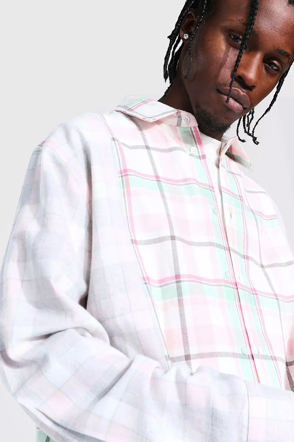 Oversized Spliced Check Shirt | boohooMAN USA